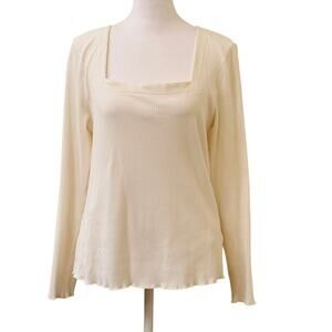Candace Cameron Bure Long Sleeve White Ribbed Square Neck Blouse Size M